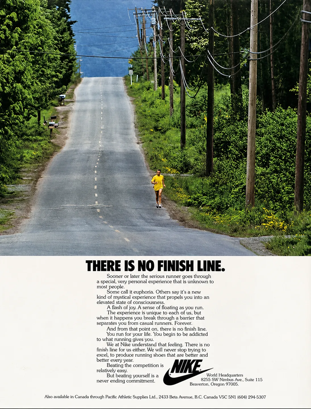 A lone runner, small in the frame, on an empty road stretching to the horizon, with the line There Is No Finish Line set beneath the photograph.